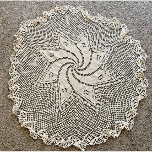 VINTAGE Handmade Beige Round Crochet Table Doily 38" - Picture 6 of 6